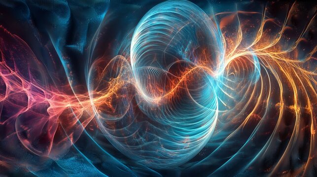 A futuristic image of swirling, digital particles, forming circles that look like sound waves. This 3D design represents the world of virtual reality and cryptocurrency.