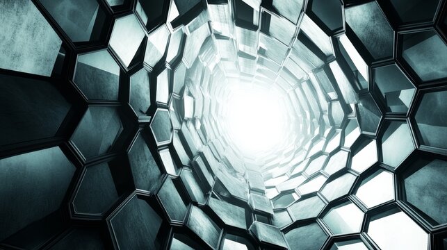 The office building looked like a giant honeycomb, designed in a modern industrial style. This photo was taken from a unique angle, looking up from the ground. - Powered by Adobe