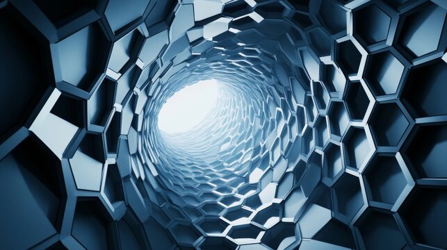 The office building looked like a giant honeycomb, designed in a modern industrial style. This photo was taken from a unique angle, looking up from the ground.