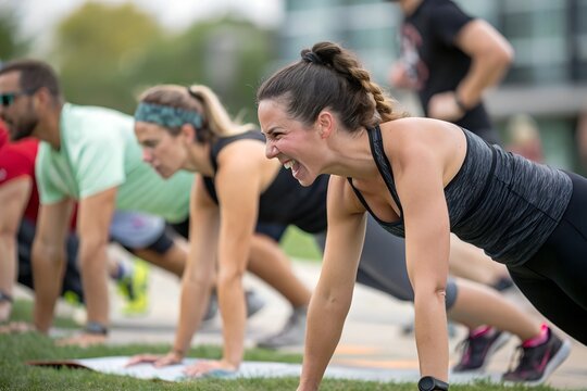 Join the Outdoor Fitness Bootcamp Close-Up of a High-Energy Workout in the Fresh Air, Athleisure People Exercising