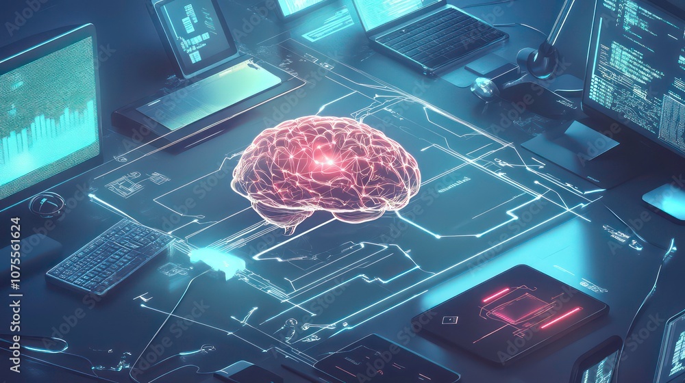 Poster a glowing brain sits atop a circuit board, surrounded by various electronic devices, representing th