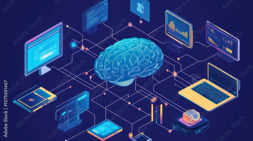 Poster a 3d illustration of a brain connected to various devices, representing the concept of artificial in