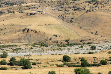 Hügelige Landschaft mit Obstplantagen und Olivenbäumen am ausgetrockneten Flussbett