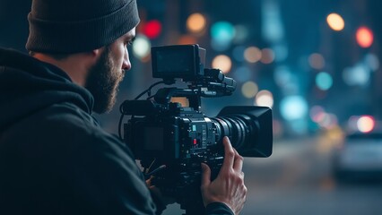 Cinematic shot of a professional videographer capturing urban scenes with high-quality camera in vibrant city setting, ideal for creative photography and media production
