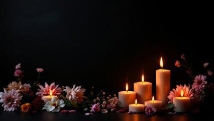 Elegant Arrangement of Candles and Flowers Against Dark Background