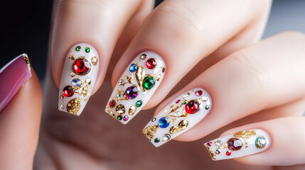 Naklejka premium Realistic New Year stickers for manicure with bright colors representing festive cheer against a white background with copy space