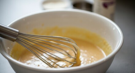 Close-up of batter mixing process with whisk in kitchen