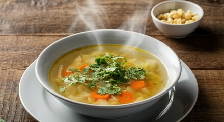 Steaming hot vegetable soup in white bowl on wooden table
