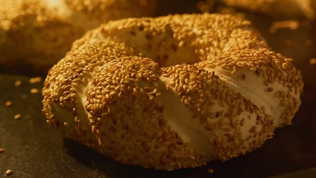 Bagels with sesame baking in oven. Traditional Turkish fast food bagel. Homemade bakery concept. Fresh buns. Turkish bagel Simit with sesame. Close-up in 4K, UHD