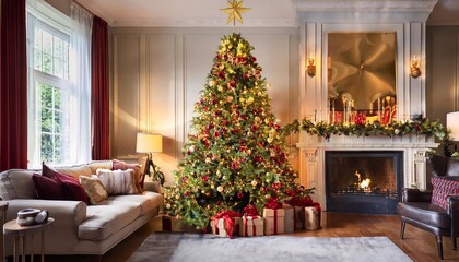  A living room features a large Christmas tree with gold and red ornaments, a star toppe_1(392)