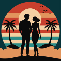 valentine day couple standing in beach black Silhouette on Retro Vintage Background  T- shirt Design