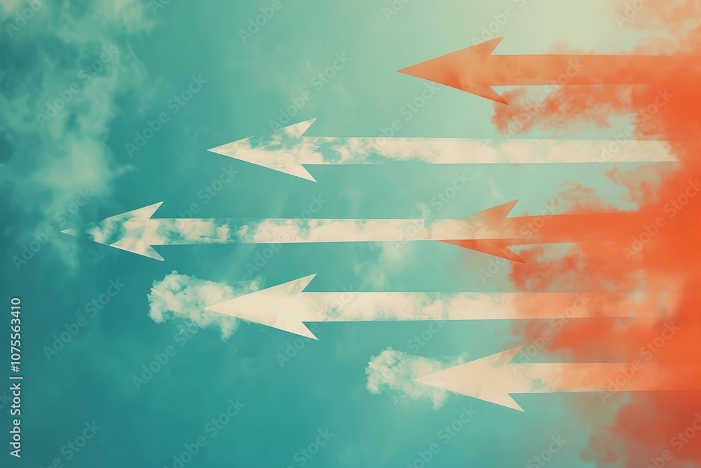 Poster concept of different ideas with arrows pointing in opposite directions on cloudy sky background