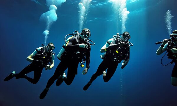 divers in the ocean, underwater sport active recreation in the deep ocean. Group of divers depth bubbles dive