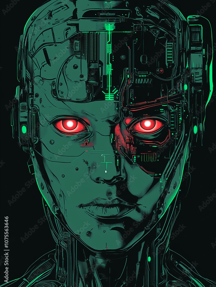 Aufkleber this is a digital illustration of a robot with glowing red eyes and green circuitry, creating a futu