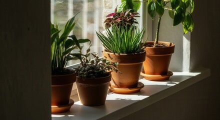 Fototapeta premium Serene indoor garden with potted plants on sunny windowsill