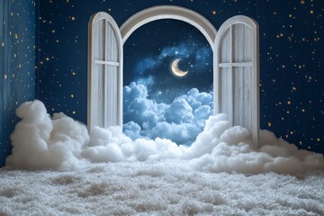 An arch of white clouds with stars and the moon in it, dream concept