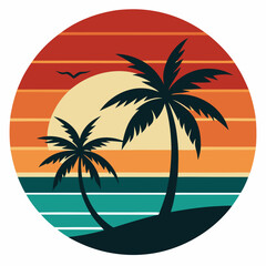 beach Silhouette on Retro Vintage Background Vector T-shirt Design