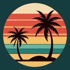 beach Silhouette on Retro Vintage Background Vector T-shirt Design