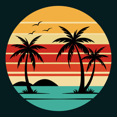 beach Silhouette on Retro Vintage Background Vector T-shirt Design
