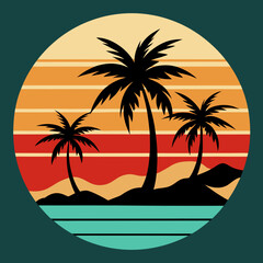 beach Silhouette on Retro Vintage Background Vector T-shirt Design