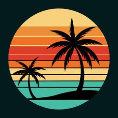 beach Silhouette on Retro Vintage Background Vector T-shirt Design