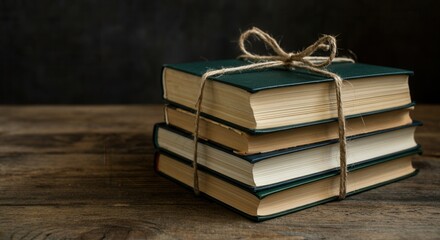 Rustic charm of old books tied with twine on wooden table