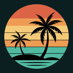beach Silhouette on Retro Vintage Background Vector T-shirt Design