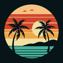beach Silhouette on Retro Vintage Background Vector T-shirt Design