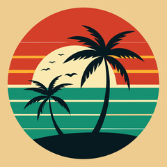 beach Silhouette on Retro Vintage Background Vector T-shirt Design