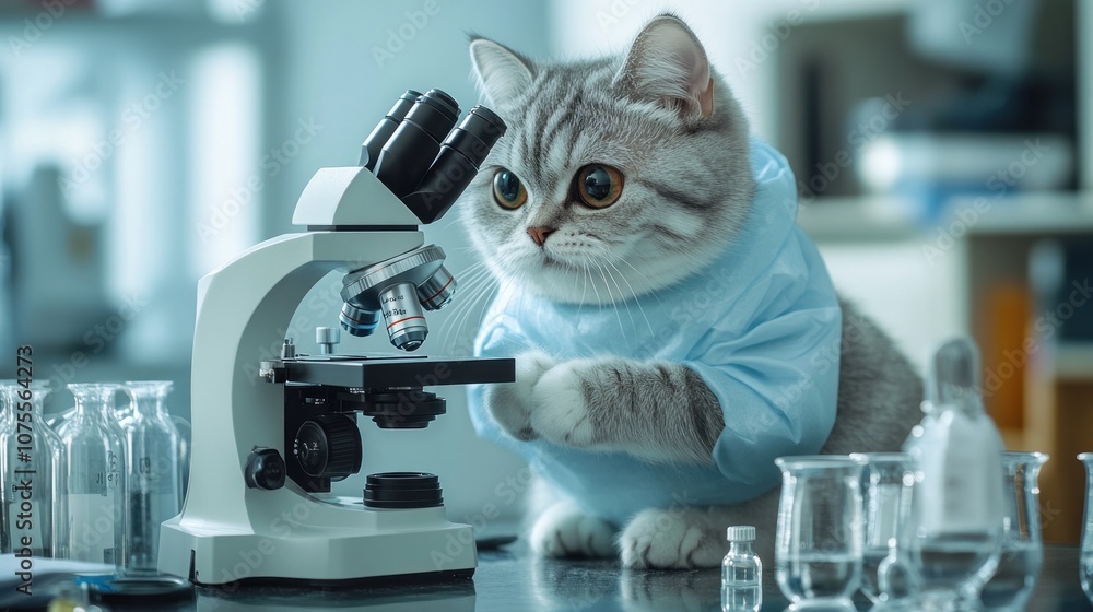 Poster cat in lab coat examining a microscope in a lab.