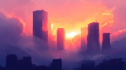 Fototapeta premium Sunset Cityscape with Skyscrapers and Fog
