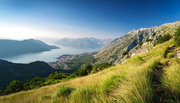  A grassy mountain slope rises to reveal the Adriatic Sea and distant coastline near the Bay_1(323)