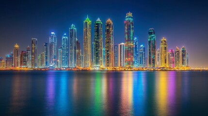 Naklejka premium Vibrant City Skyline Reflection at Night