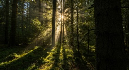 Obraz premium Enchanting sunlight piercing trees