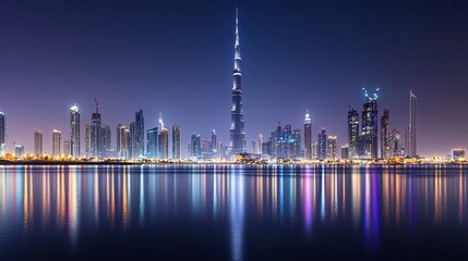 Obraz premium Dubai Skyline at Night with Reflections in Water