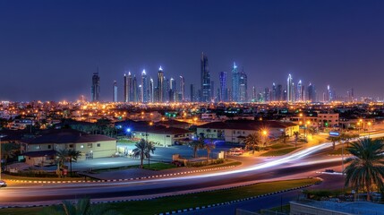 Obraz premium Vibrant City Skyline at Night with Illuminated Buildings