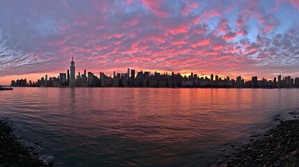 Fototapeta premium Vibrant Sunset Over Skyline Reflections