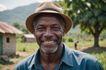 Fototapeta premium Close portrait of a smiling senior Haitian male farmer standing and looking at the camera, outdoors Haitian rural blurred background