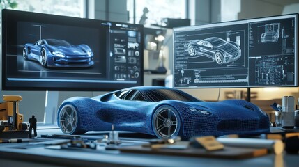 A blue sports car model on a designer's desk with computer monitors showing 3D design renderings.