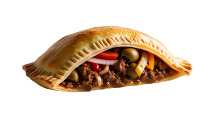A single, golden-brown empanada filled with savory ground beef, red onion, bell peppers, and green olives.
