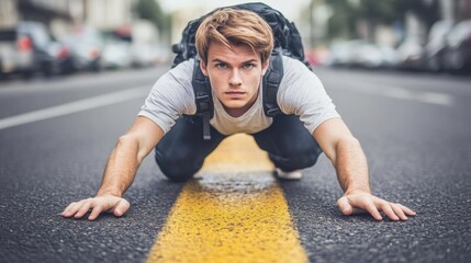Fototapeta premium Young Man Crawling on Urban Street