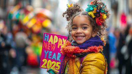 Fototapeta premium A cheerful child holding a HAPPY NEW YEAR 2025 sign parade surrounded by colorful floats and festive crowd