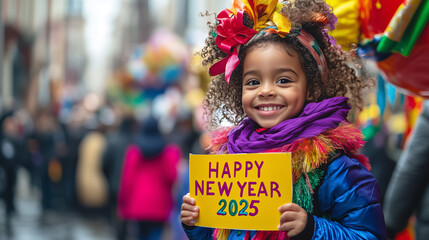 Fototapeta premium A cheerful child holding a HAPPY NEW YEAR 2025 sign parade surrounded by colorful floats and festive crowd