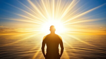 Obraz premium Serene Sunset Over Ocean with Silhouette of a Person