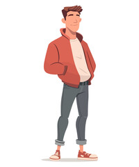 Man in a red jacket and gray jeans is standing on a white background. He is smiling and has his hands in his pockets flat vector illustration