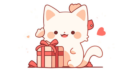 White cat is sitting on a box with a red ribbon. The cat is smiling and has a heart on its chest flat vector illustration