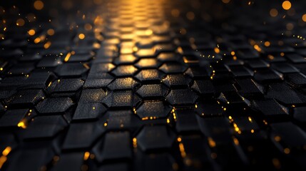 Obraz premium A textured hexagonal surface illuminated by golden light, creating a dynamic and modern visual effect.
