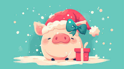 Naklejka premium Pig wearing a Santa hat and bow. The pig is laying on the ground next to a red box flat vector illustration