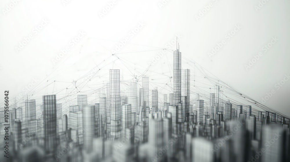 Poster a grayscale rendering of a futuristic city skyline with connected lines, suggesting a network or int