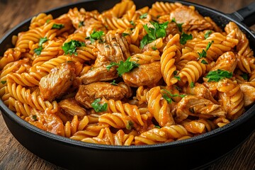 Close-up of creamy mushroom pasta with parsley garnish on a black plate.. Beautiful simple AI generated image